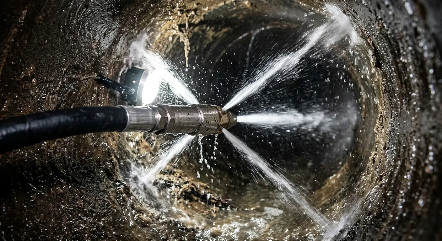 High-pressure hydro jetting nozzle cleaning sewer pipe for Emergency Drain Service in Bensalem