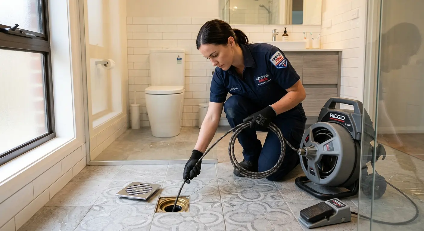 Technician clearing a bathroom floor drain for Clogged Drain Repair in Bensalem